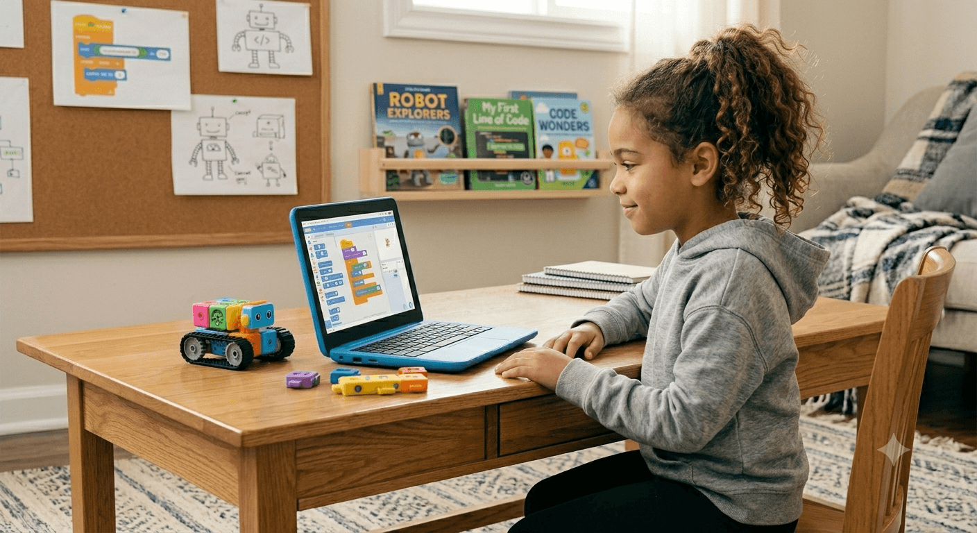 Young coder learning Python on a laptop
