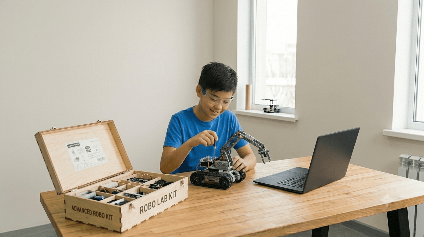 Student building with colorful blocks during a robotics lesson